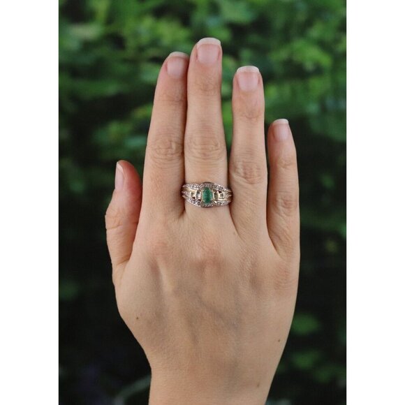 14k Yellow Gold Natural Emerald & Diamond Ring Size 8 1/4 - Picture 3 of 8